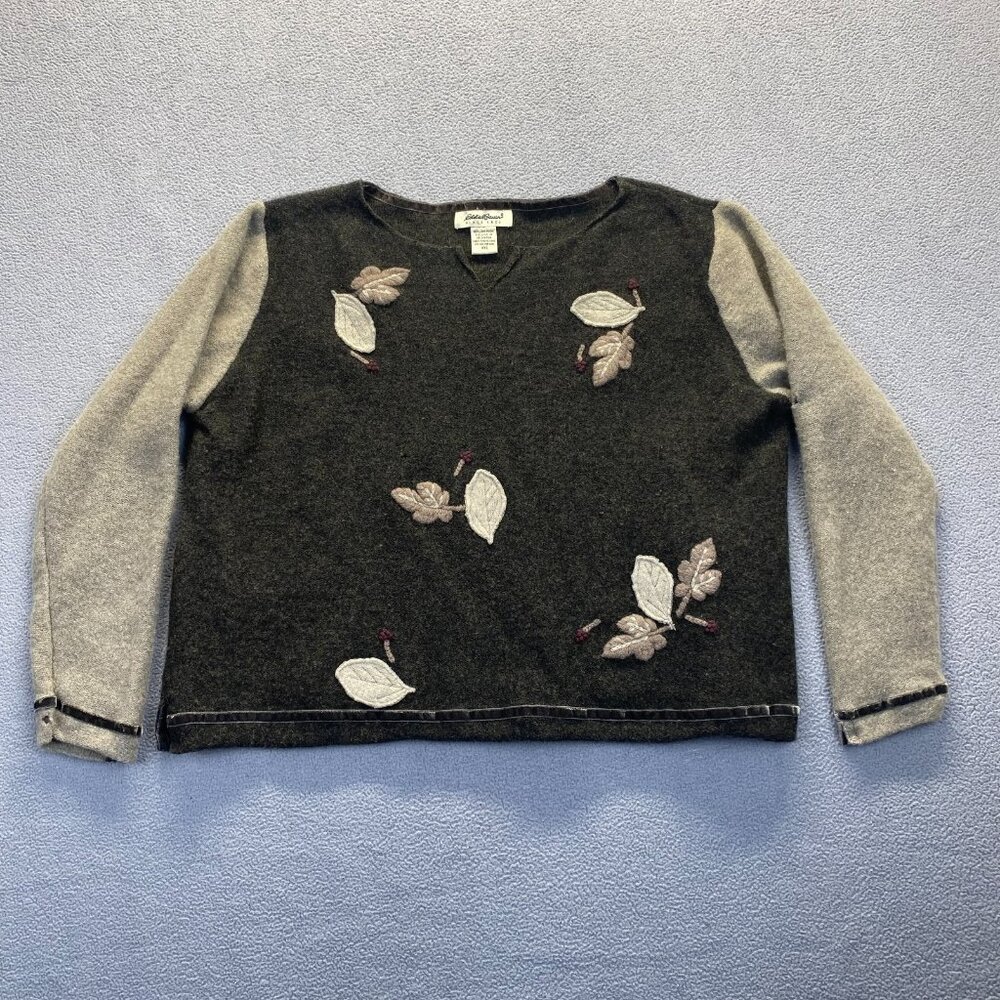 EDDIE BAUER Vintage 100% Lambswool  Embroidered Leaves Sweater Women’s Size XXL